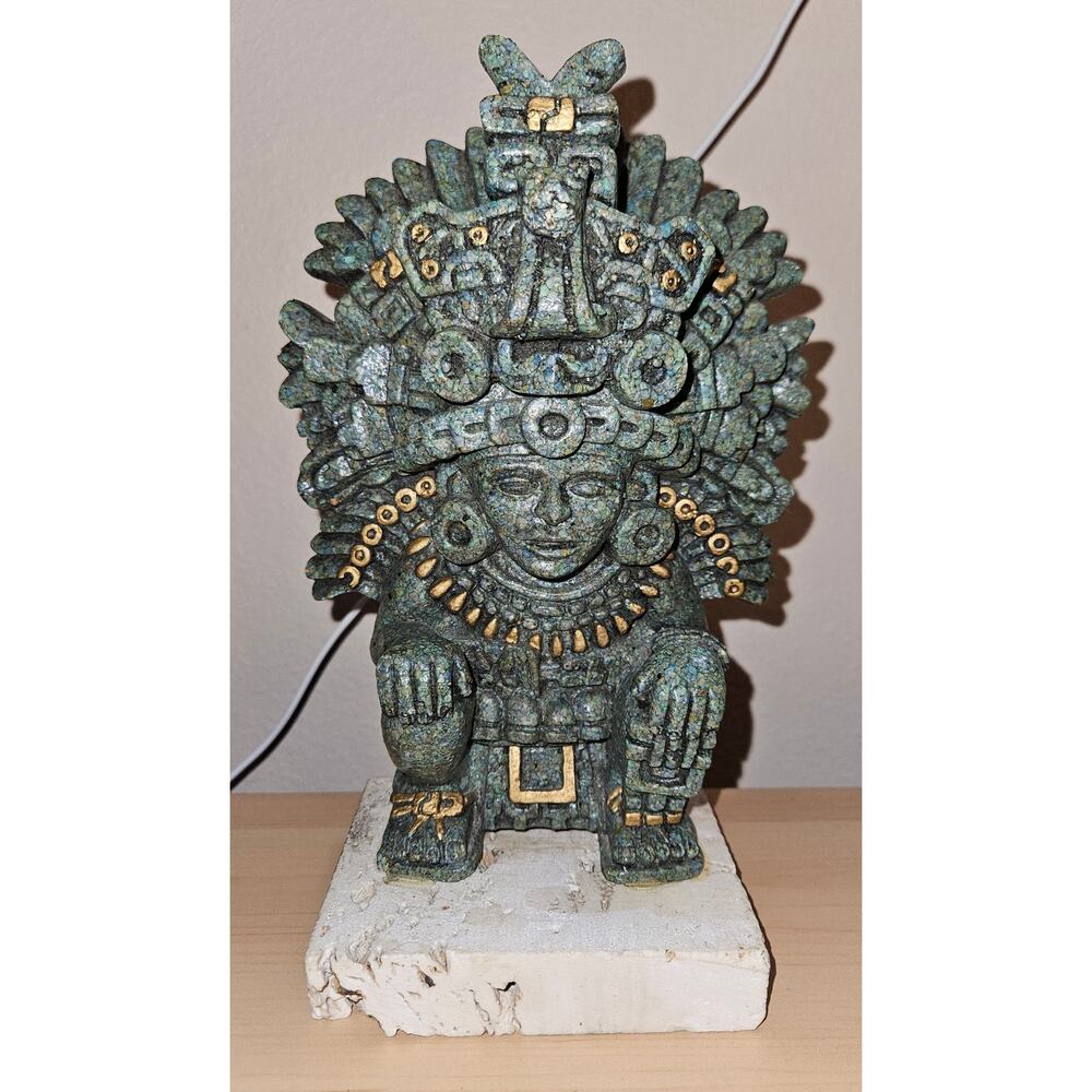 Vintage Zarebski Crushed Malachite Aztec Zapotec Deity Figurine on Stone Base